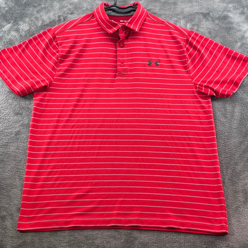 Under Armour Playoff Polo Mens Medium Red Striped Short Sleeve Golf Shirt Loose